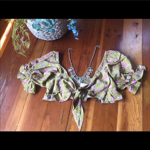 Boho Gypsy Dahlia Smocked Crop Peasant Top Floral gold mustard tie blouse - Picture 8 of 13